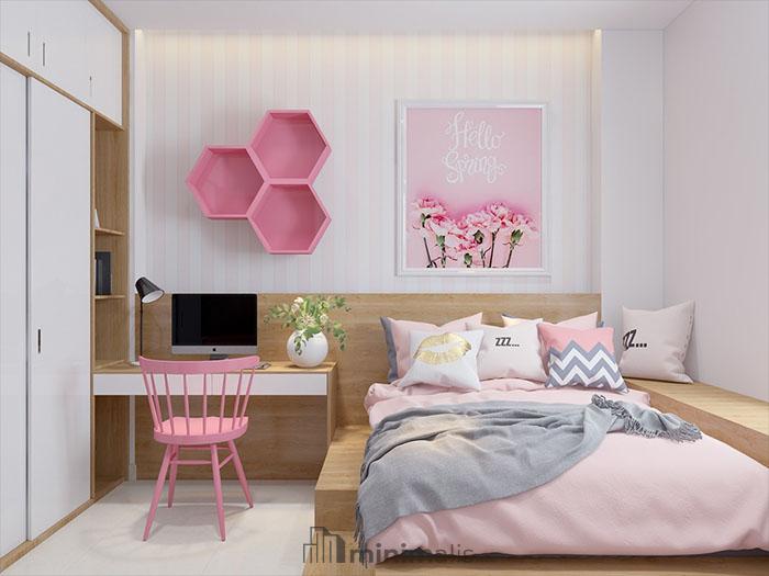 desain kamar tidur sempit sederhana warna pink